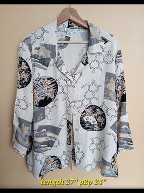 Citron White Button-Down Shirt with Black, Gray & Cream Scenic Prints